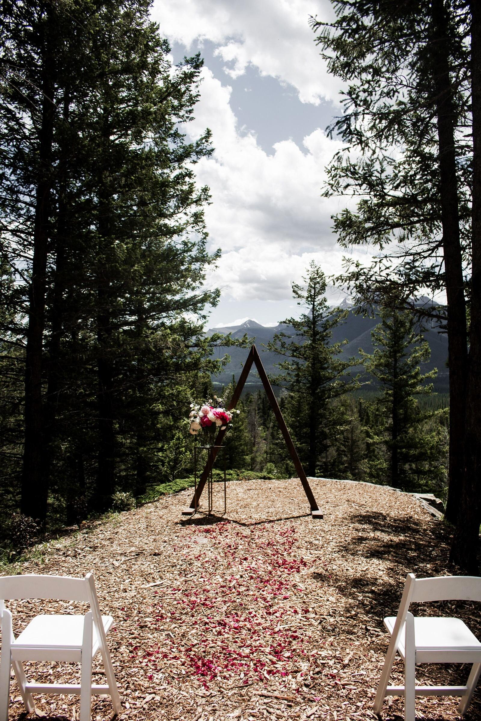 Wooden A-frame arch with petals scattered down the forest aisle