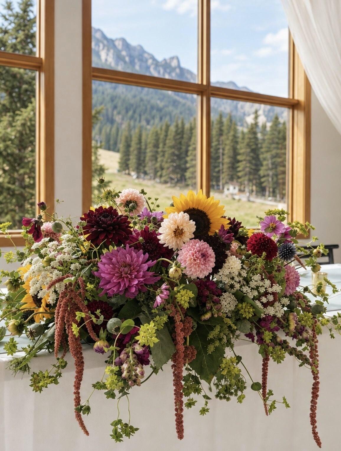 Dahlia arrangement on a windowsill with the mountains behind