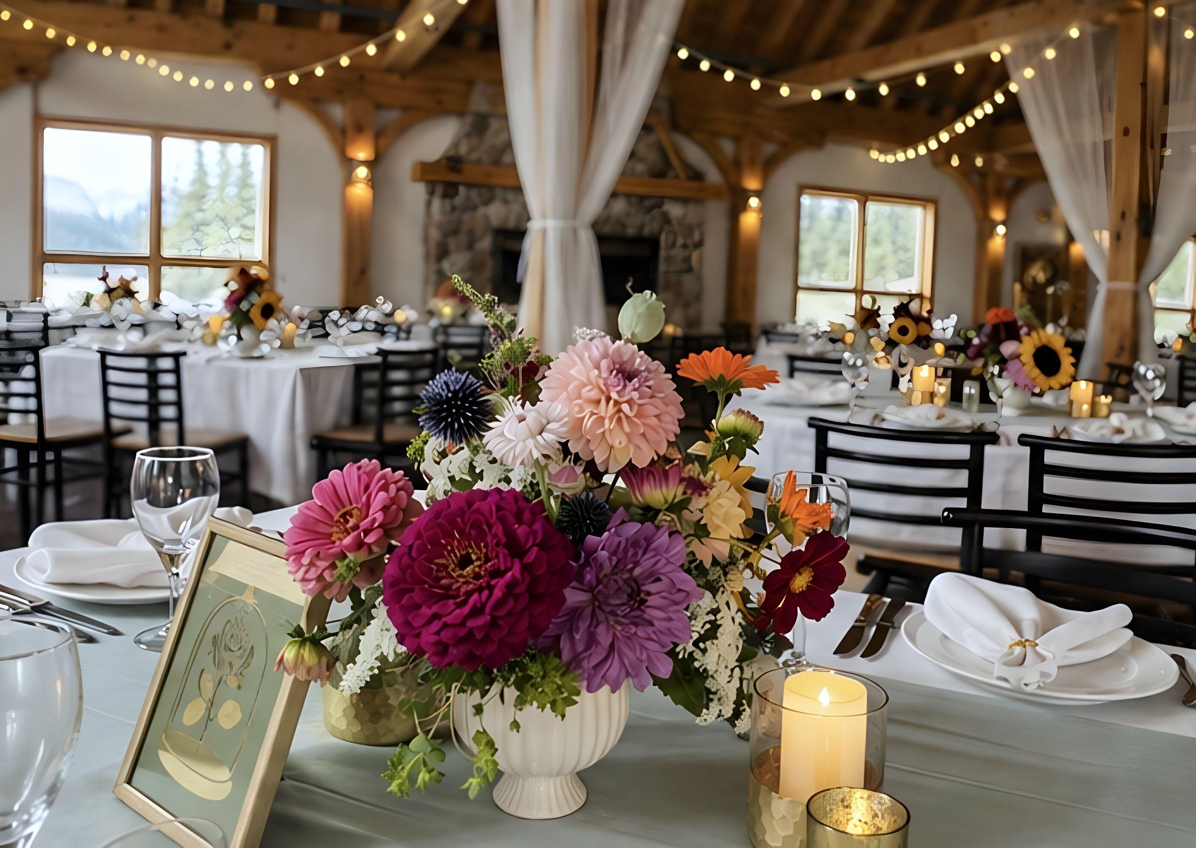 Timber-frame reception hall with a dahlia centrepiece in the foreground